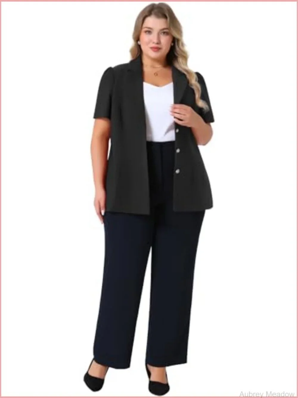 Plus Size Blazer Short Puff Sleeve Notch Lapel Single Breasted Office